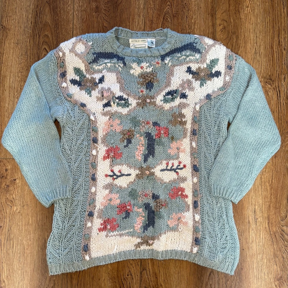 VTG 80s Extra Shenanigans Hand Knit Floral Sweater Blue Cottagecore Ramie‎ sz 24